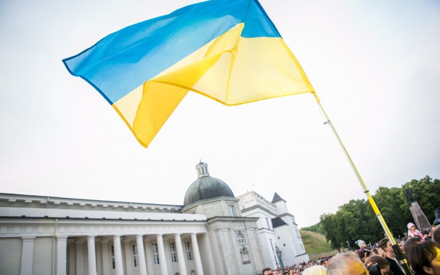 Ukrainian flag in the Cathedral Sq. in Vilnius