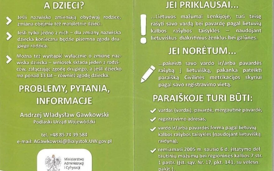 Ulotka o pisowni nazwisk. Źródło: Ambasada RP w Wilnie