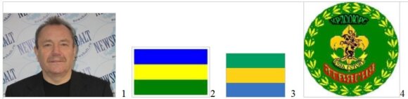 Vakarų Polesės „jotvingių“ išradėjas N. Šeliagovičius (1), jo išgalvota „jotvingių“ vėliava (2); palyginimui – Gabono vėliava (3), ir Karaliaučiuje naudojama „jotvingių“ emblema (4)