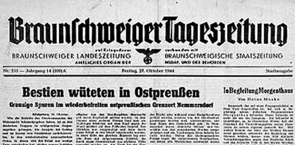 „Bestijos siautėja Rytų Prūsijoje“. „Braunschweiger Tageszeitung“ laikraščio antraštė apie sovietų nusikaltimus Rytų Prūsijoje. 1944 m.