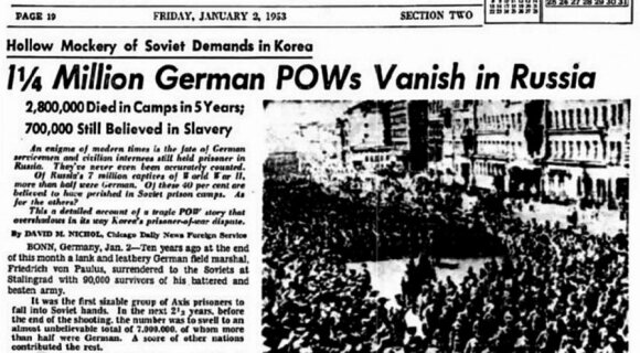 1953 m. sausio 2 d. laikraščio antraštė: 1 ¼ milijono belaisvių vokiečių dingo Rusijoje,  leidyklos „Briedis“ nuotr.