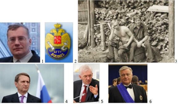 Profesionalus separatizmo postsovietinėje erdvėje kurstytojas profesorius S. Lebedevas (1), Baltijos valstybinio technikos universiteto „Vojenmech“ emblema (2) ir pagrindinis žmonijos galvos skausmas V. Putinas su būsimu FSB generolu A. Grigorjevu jaunyst