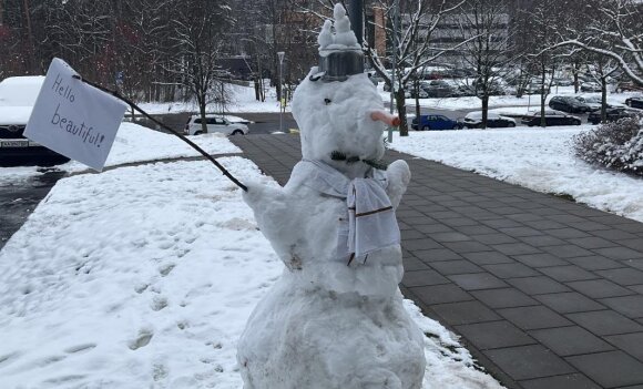 Snowman built by student Samuel Camilleri Brancaleone in November 2022, with other students, near the MRU Student House in Vilnius