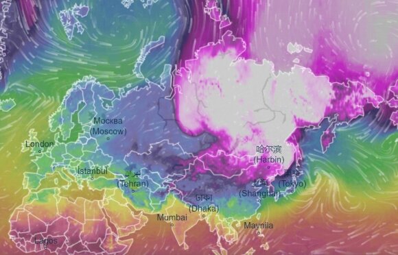 Rekordiniai šalčiai ir Sibire, ir Kinijos šiaurėje. Scanpix/Ventusky nuotr.