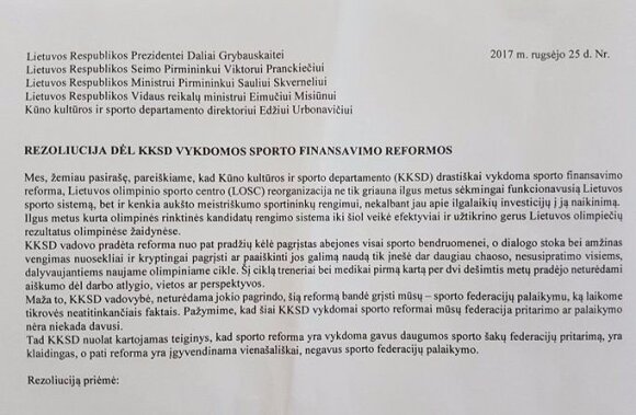 LTOK rezoliucija dėl sporto reformos