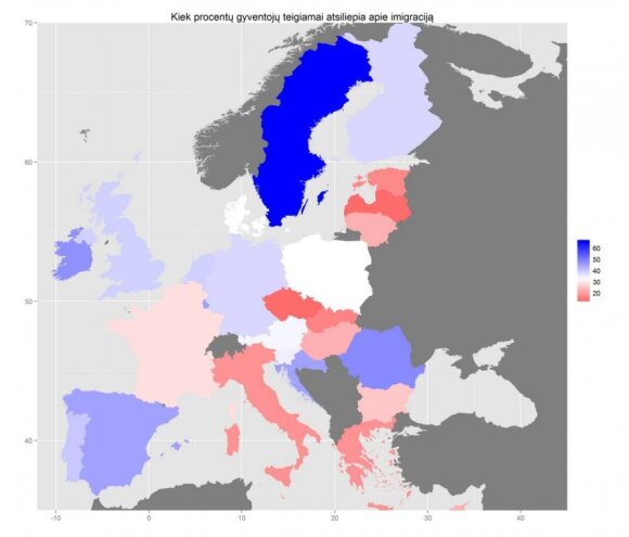 Remiantis „Eurobarometro“ duomenimis M. Jastramskio sudarytas požiūrio į imigrantus žemėlapis 