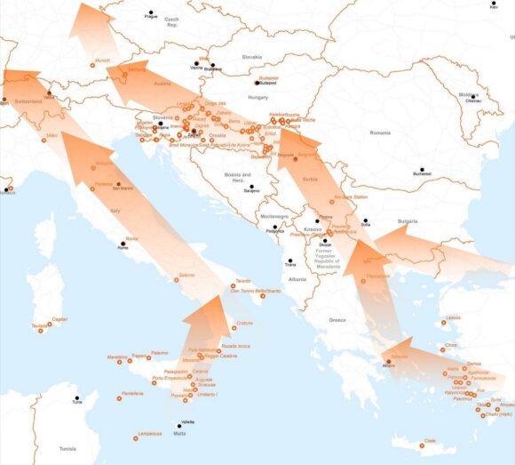 Migracijos srautai į Italiją ir Graikiją (IOM žemėlapis)