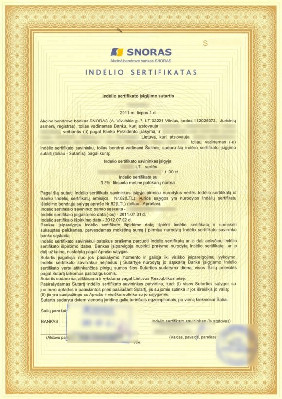 Snoro indėlio sertifikatas