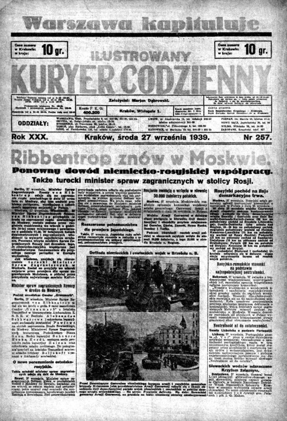 „Lenkų laikraščio“  1939 m. rugsėjo 27 d. numeris su iškalbingu pavadinimu: „Ribentropas vėl Maskvoje“