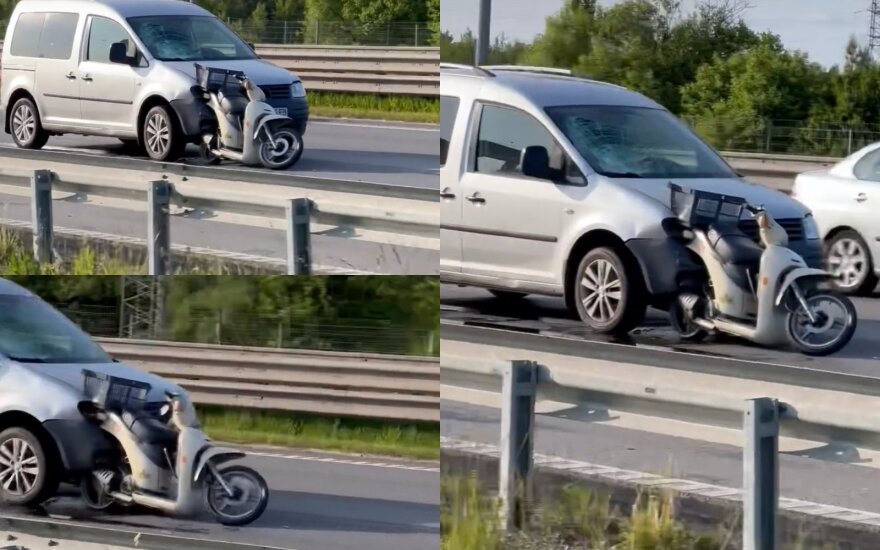 Eismo nelaimė A1 kelyje Vilniuje: automobilis rėžėsi į motorolerininką, sužalotas vyras