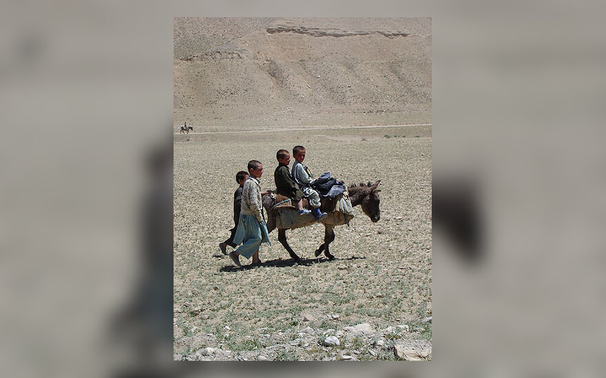Vaikai joja ant asiliuko Afganistane