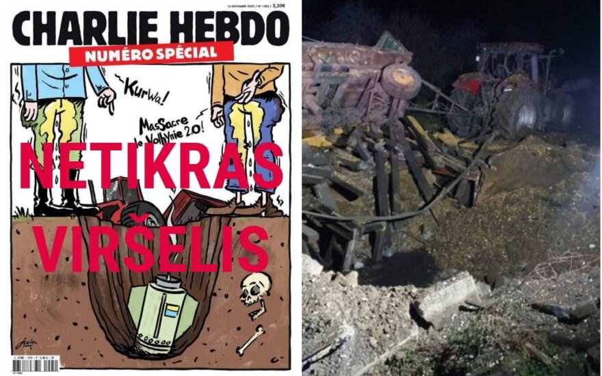 Kairėje – netikras „Charlie Hebdo“ viršelis, dešinėje – Lenkijos pasienyje lapkričio 15 d. nukritusi raketa