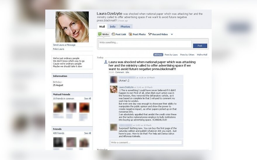 „Facebook“ - L.Dzelzytės pareiškimas apie žiniasklaidos šantažą
