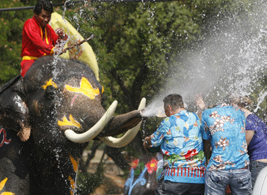Tailande dramblys vandeniu aptaškė užsieniečius turistus