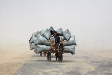 Vyras keliauja vežimu per dykumą smėlio audros metu